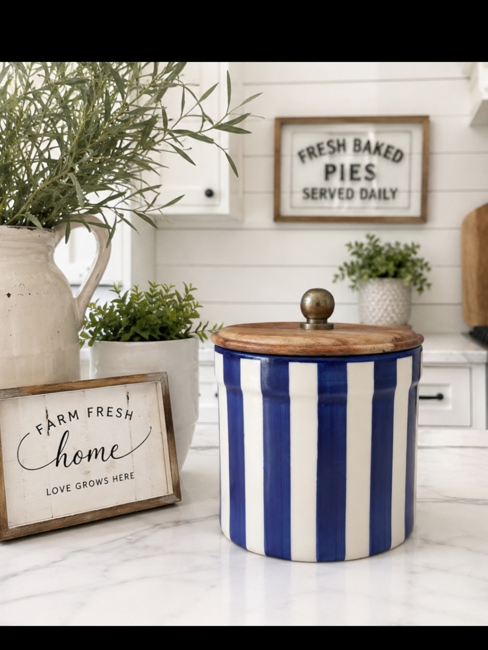 Ceramic Blue & White Striped Kitchen Canister with Wooden Lid. 6x5”